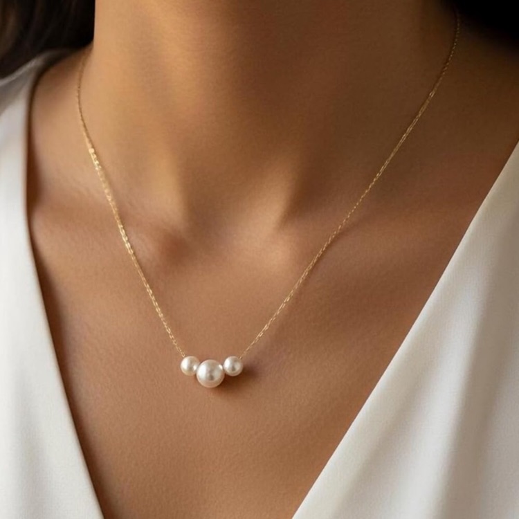 New! Gold Skinny Triple Pearls Necklace 18k Gold Plated